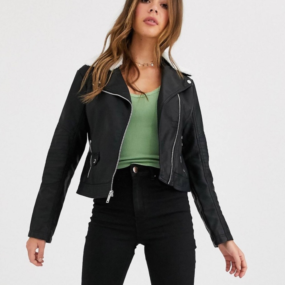 Moto leather jacket with Sherpa collar